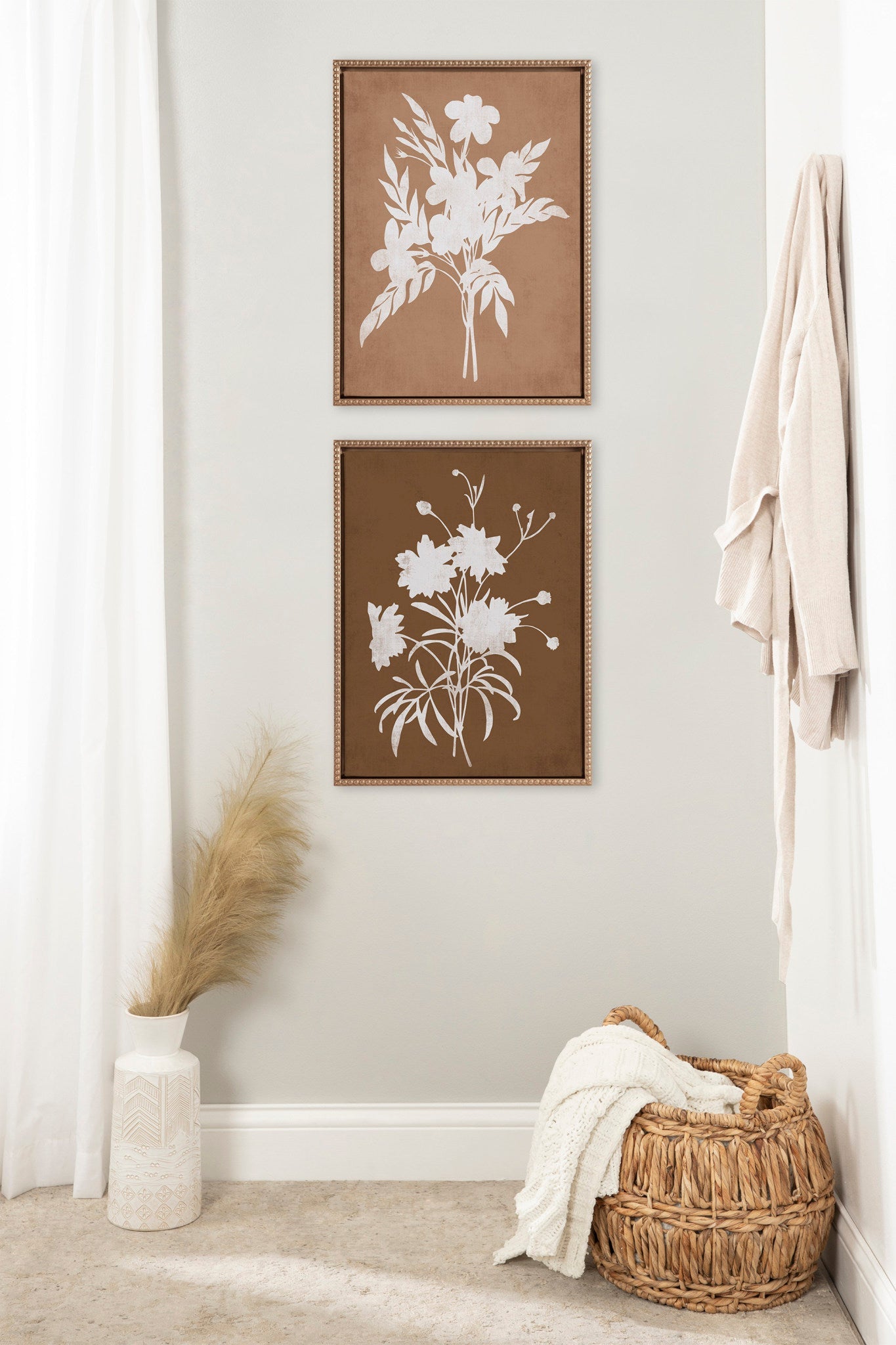 Sylvie Beaded Spring Floral Silhouette 2 Clay White and Spring Floral Silhouette 11 Bark White Framed Canvas Art Set by Heather Dutton
