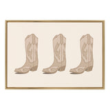 Three identical stylized beige cowboy boots with simple curved decorative patterns, evenly spaced on a light neutral background within a thin wooden frame.