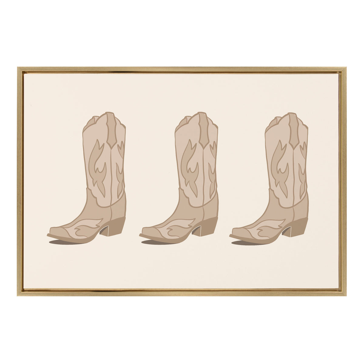 Three identical stylized beige cowboy boots with simple curved decorative patterns, evenly spaced on a light neutral background within a thin wooden frame.