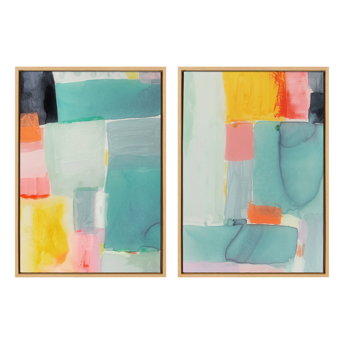Two framed abstract canvas artworks with overlapping blocks of teal, yellow, coral, gray, and black in soft, blended shapes by Amy Lighthall.
