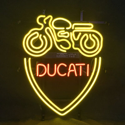 Ducati Motorcycle Neon Sign Light glowing with red neon tubing and metal grid backing