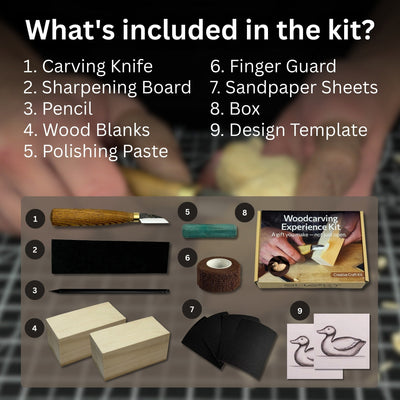 Complete Duck Carving Kit with knife, wooden blocks, sandpaper, sharpening board, pencil, and duck drawing guide