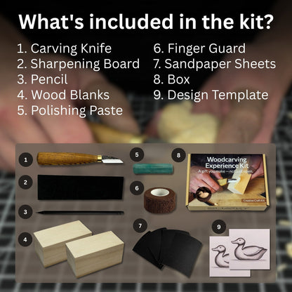 Complete Duck Carving Kit with knife, wooden blocks, sandpaper, sharpening board, pencil, and duck drawing guide