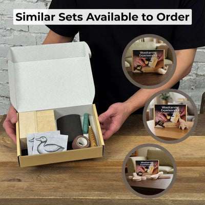 Complete Duck Carving Kit with knife, wooden blocks, sandpaper, sharpening board, pencil, and duck drawing guide