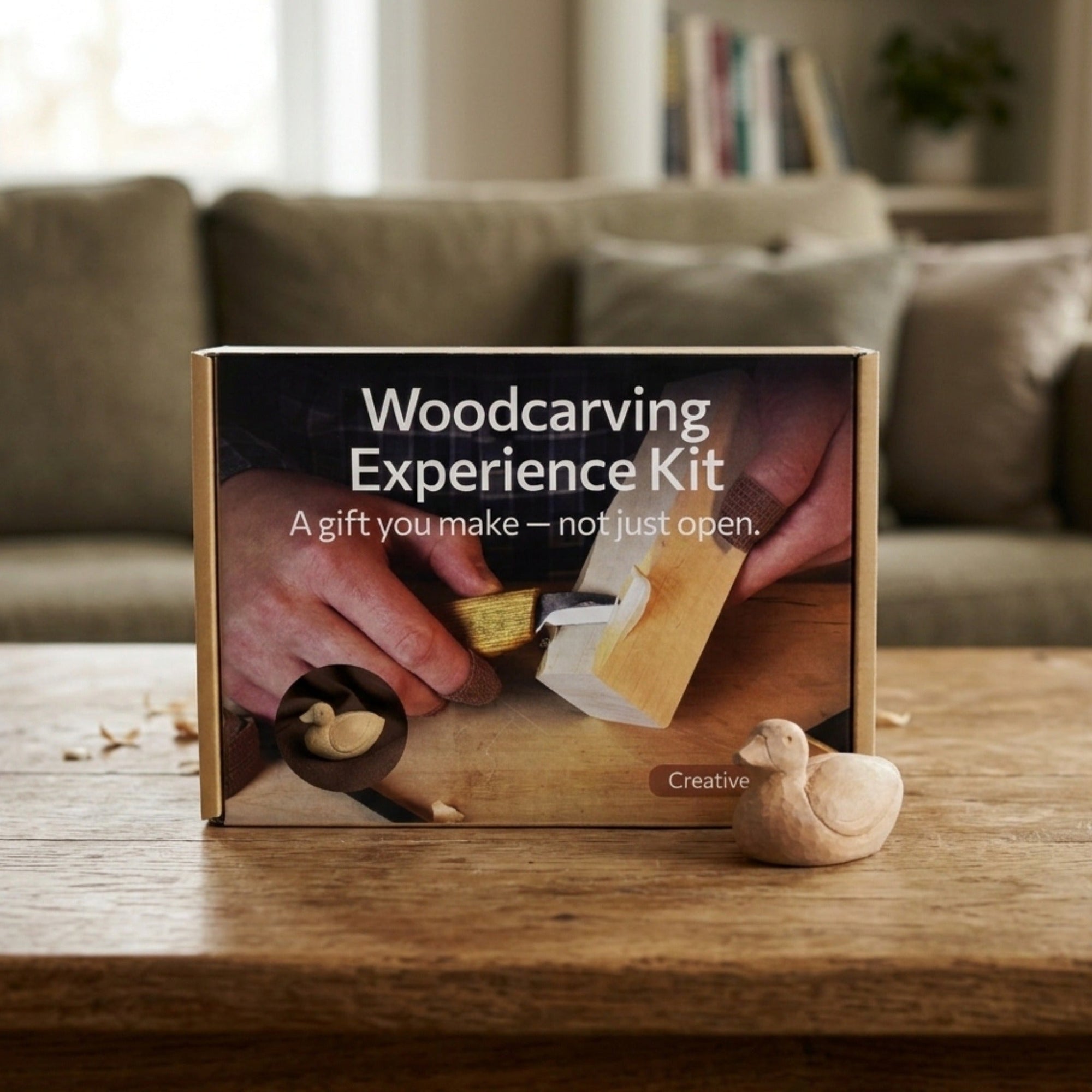 Complete Duck Carving Kit with knife, wooden blocks, sandpaper, sharpening board, pencil, and duck drawing guide