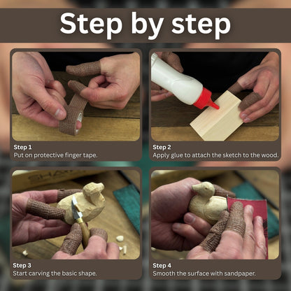 Complete Duck Carving Kit with knife, wooden blocks, sandpaper, sharpening board, pencil, and duck drawing guide