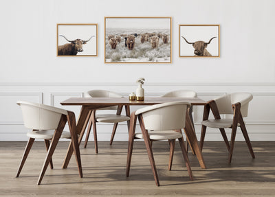 Sylvie Texas Longhorn, Highland Cow Portrait Close Color and Herd of Highland Cows Color Framed Canvas Art Set