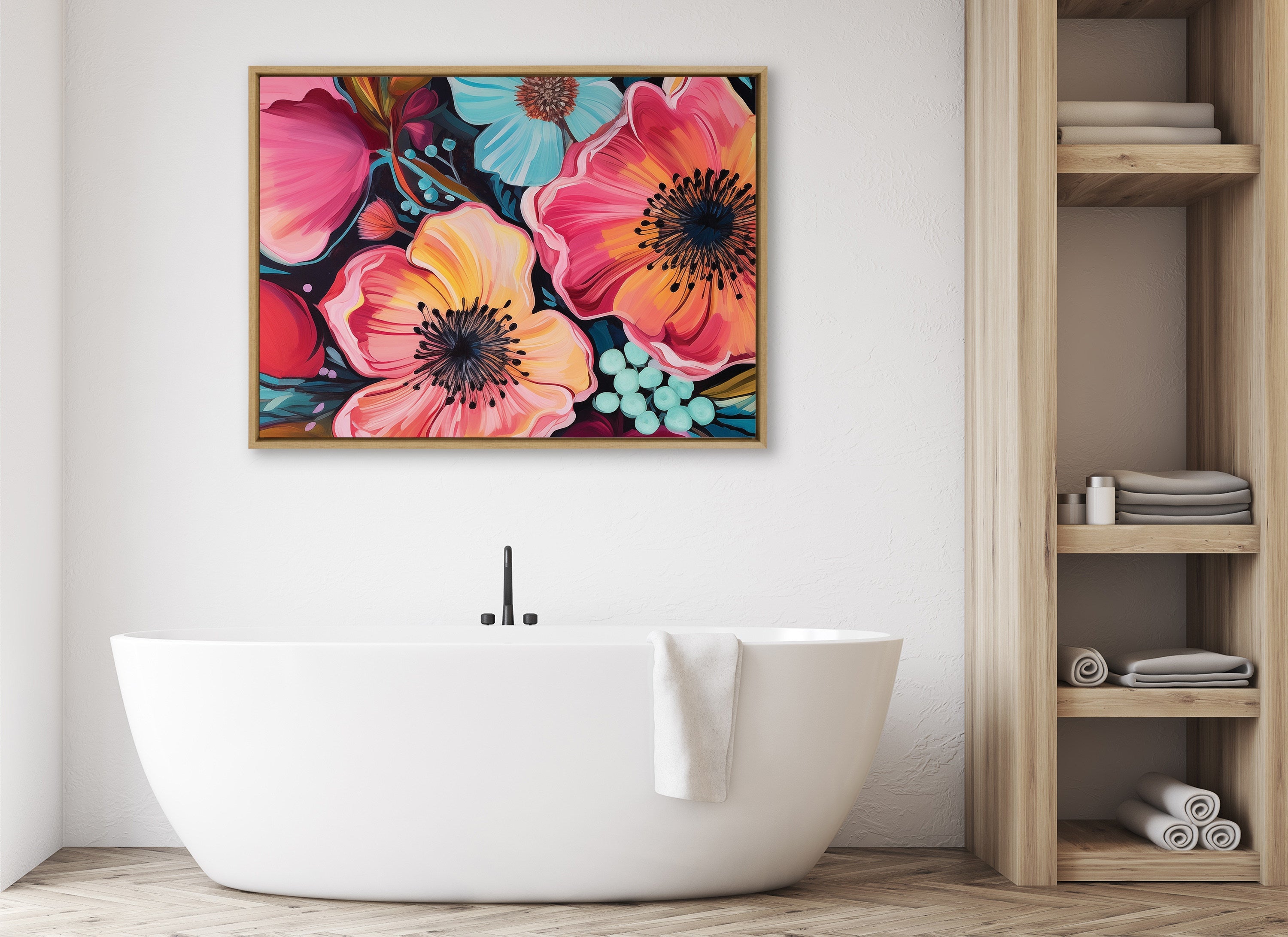 Sylvie Preppy Boho Aesthetic Colorful Floral Group Framed Canvas by The Creative Bunch Studio