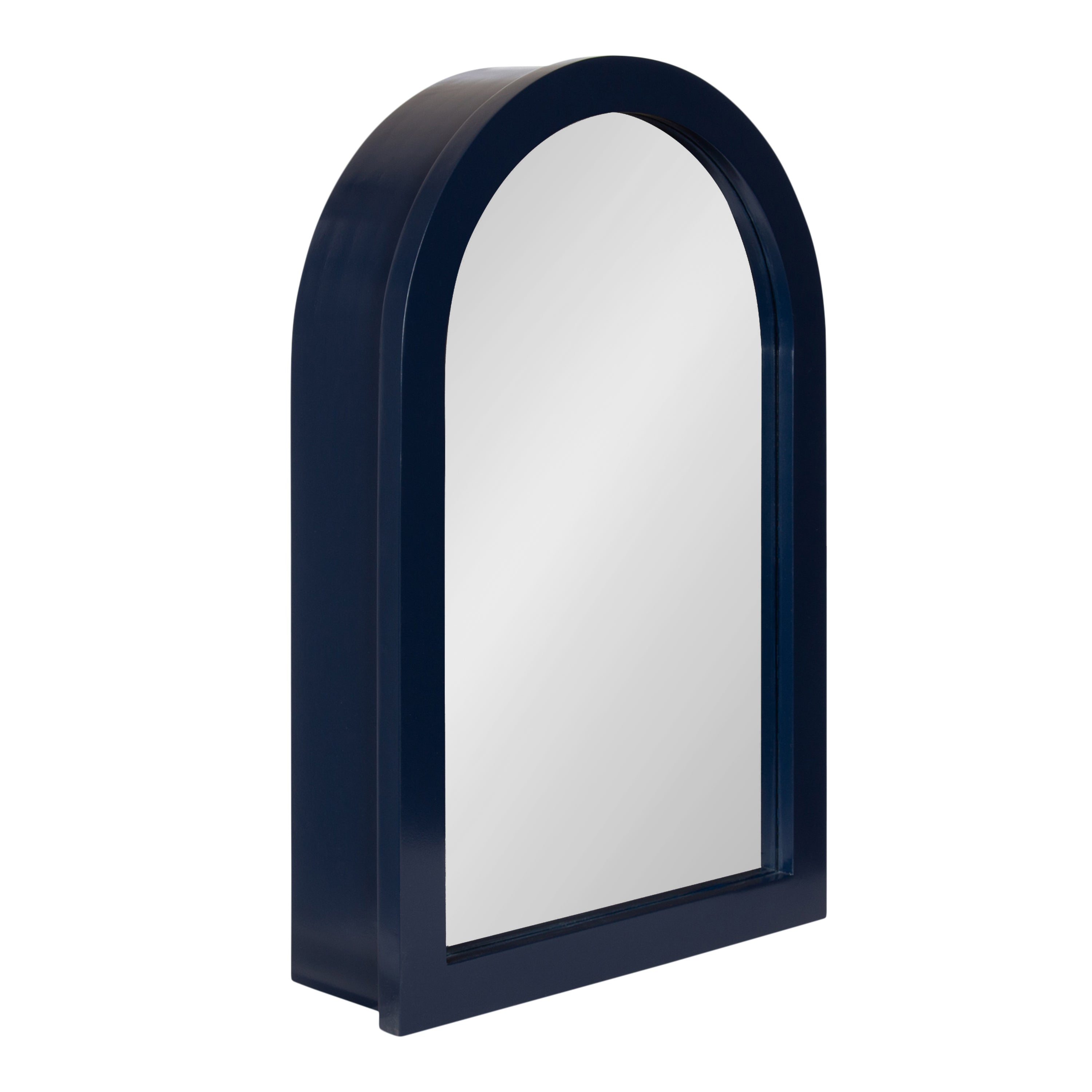 Arcott Arch Mirror Vanity Cabinet in wood with arched mirror door and interior shelves