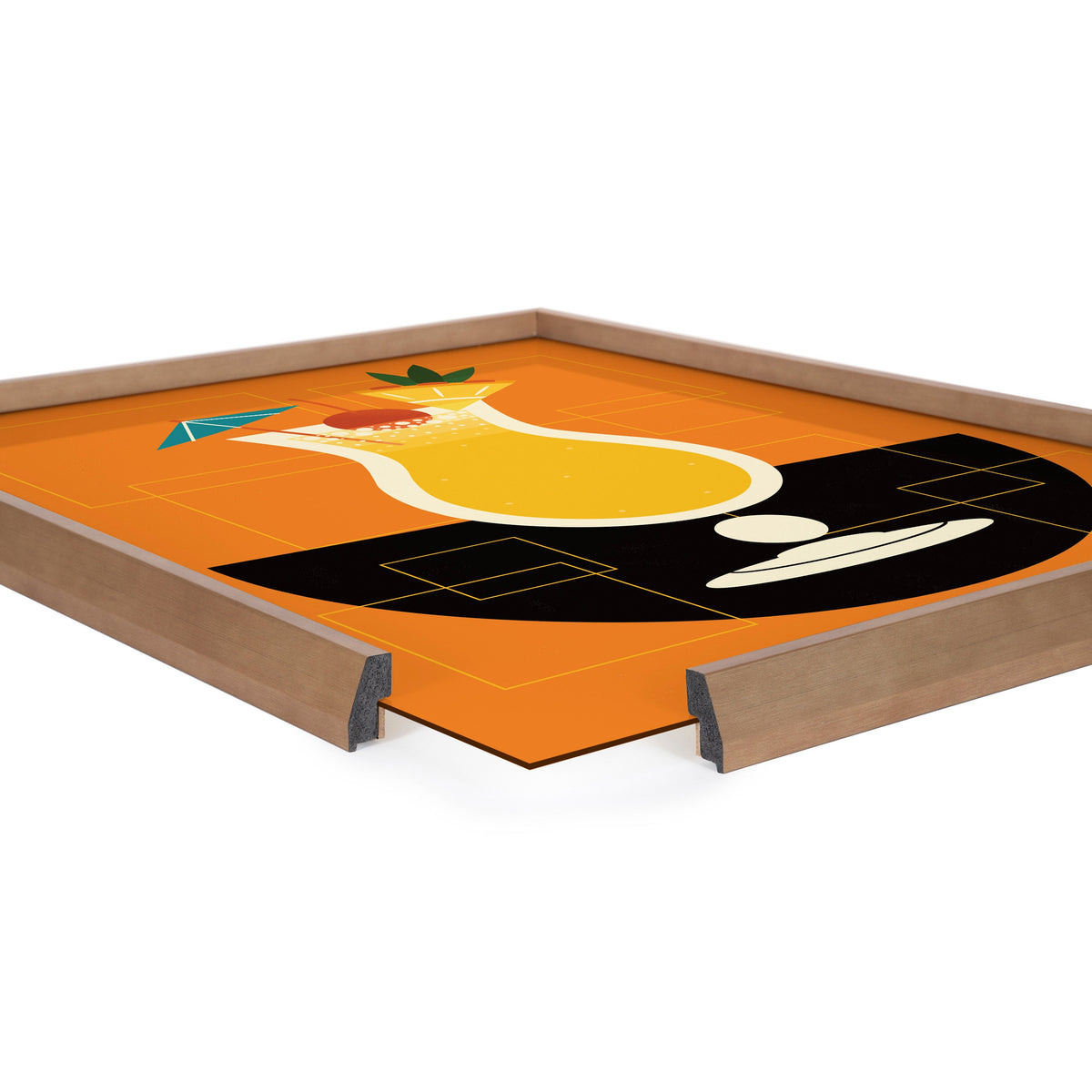 Close-up of framed print art showing a stylized yellow pina colada glass with a blue cocktail umbrella and orange background, in a light wood frame with black backing.