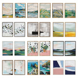 Fifteen framed abstract and nature-themed paintings arranged in three rows, featuring landscapes, leaves, and geometric shapes in earthy and pastel tones with wooden and black frames.
