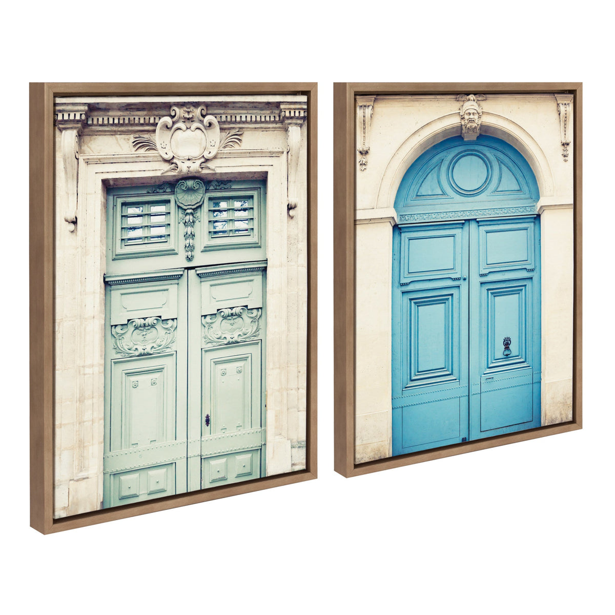 Two framed canvas prints featuring classic Parisian doors: one pale green with ornate upper panels and a decorative crest, the other bright blue with an arched stone surround and central doorknob.