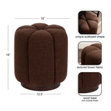 Round tufted ottoman with textured brown fabric in a scalloped shape and a rich mocha finish wooden base, measuring 18 by 16 by 12.5 inches.