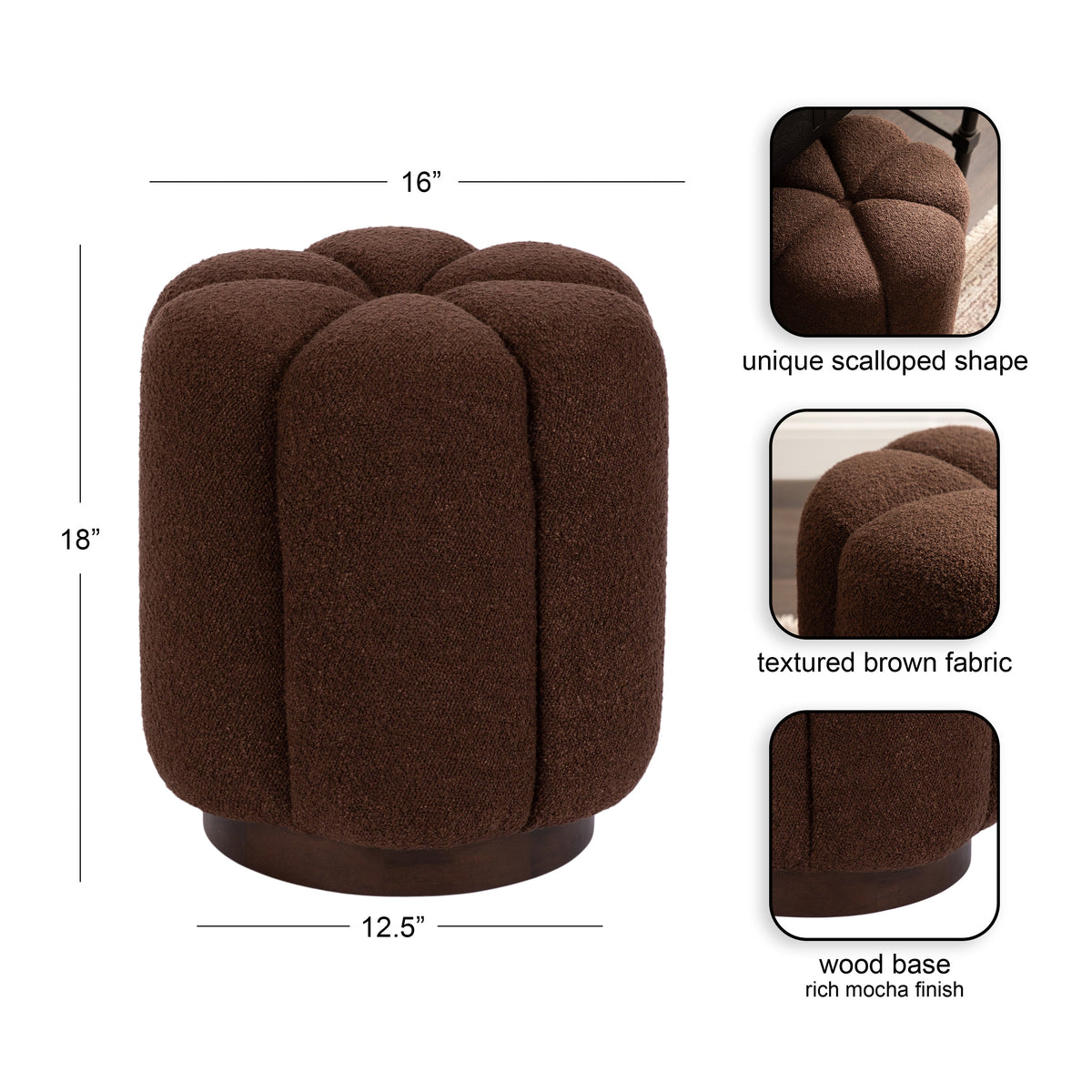 Round tufted ottoman with textured brown fabric in a scalloped shape and a rich mocha finish wooden base, measuring 18 by 16 by 12.5 inches.