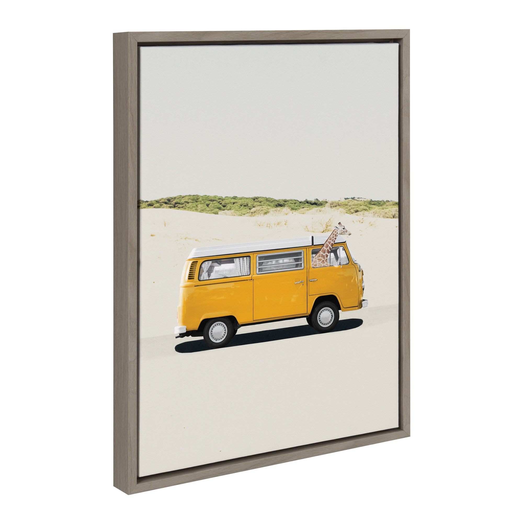Sylvie Giraffe Adventure framed canvas art featuring playful giraffe illustration in Natural frame