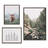 Sylvie Meet Me Here by kateandlaurel - muted mountain landscape with Highland cow and minimalist evergreen trees on framed canvas