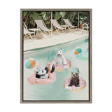 Three playful bears floating in a pool on colorful inflatable rings, with striped lounge chairs and tropical plants in the background.