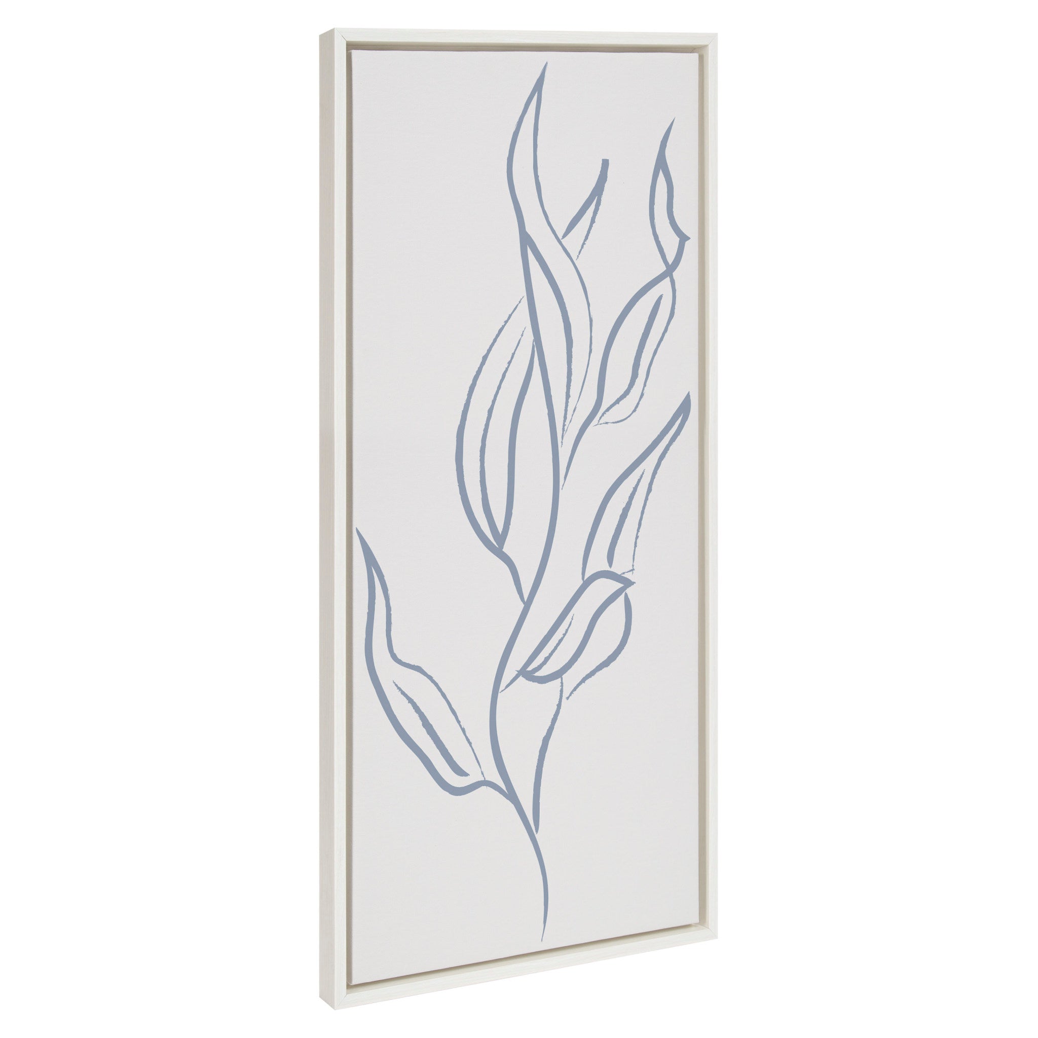 Sylvie Muted Illustrated Botanical Light Blue and Beige Framed Canvas showing a floral botanical design on gallery wrapped canvas in a polystyrene frame
