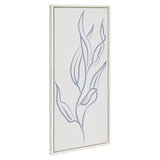 Tall rectangular canvas framed in light beige displaying a minimalist botanical illustration with flowing light blue leaves on a white background.