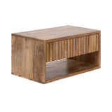 Rectangular wooden side table with a natural finish, featuring an open storage compartment and a distinctive ribbed wood slat accent on the front edge.
