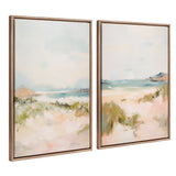 Two framed canvas paintings depicting soft, abstract coastal landscapes with sandy dunes, green foliage, and a pastel sky; frames have a beaded golden edge.