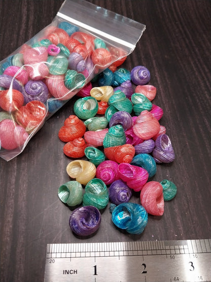 Brightly dyed turbo shells showing spiral patterns in assorted vibrant colors