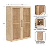 Rectangular wall cabinet with natural wood frame and woven cane doors, two handles, three interior shelves, and secure mounting cleat with pre-drilled holes.