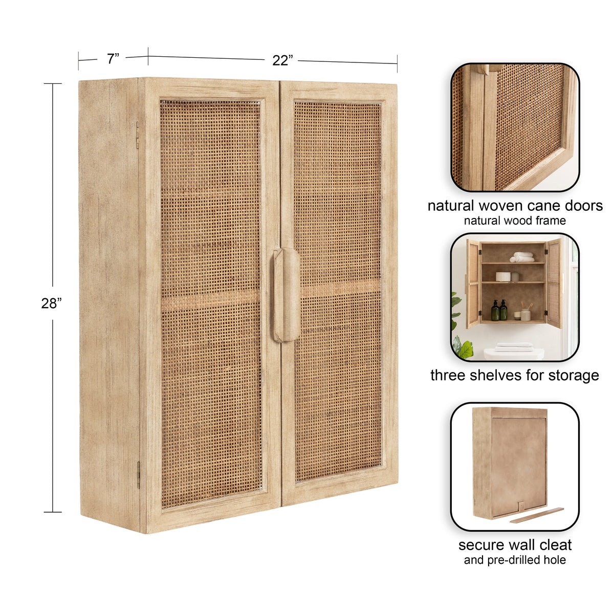 Rectangular wall cabinet with natural wood frame and woven cane doors, two handles, three interior shelves, and secure mounting cleat with pre-drilled holes.
