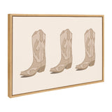 Three identical beige cowboy boots with decorative stitching in a row on a light background, framed in natural wood from a side angle.