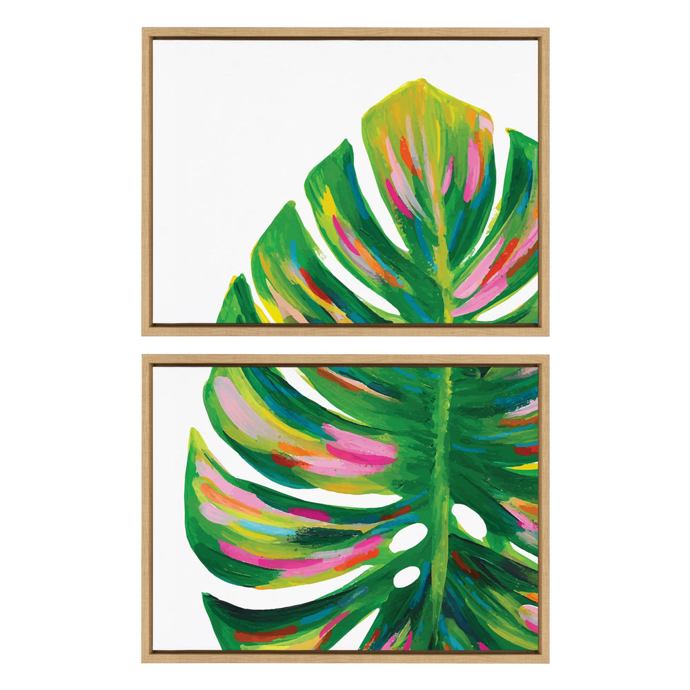 Two framed canvas art pieces showing vibrant green monstera leaves by Jessi Raulet