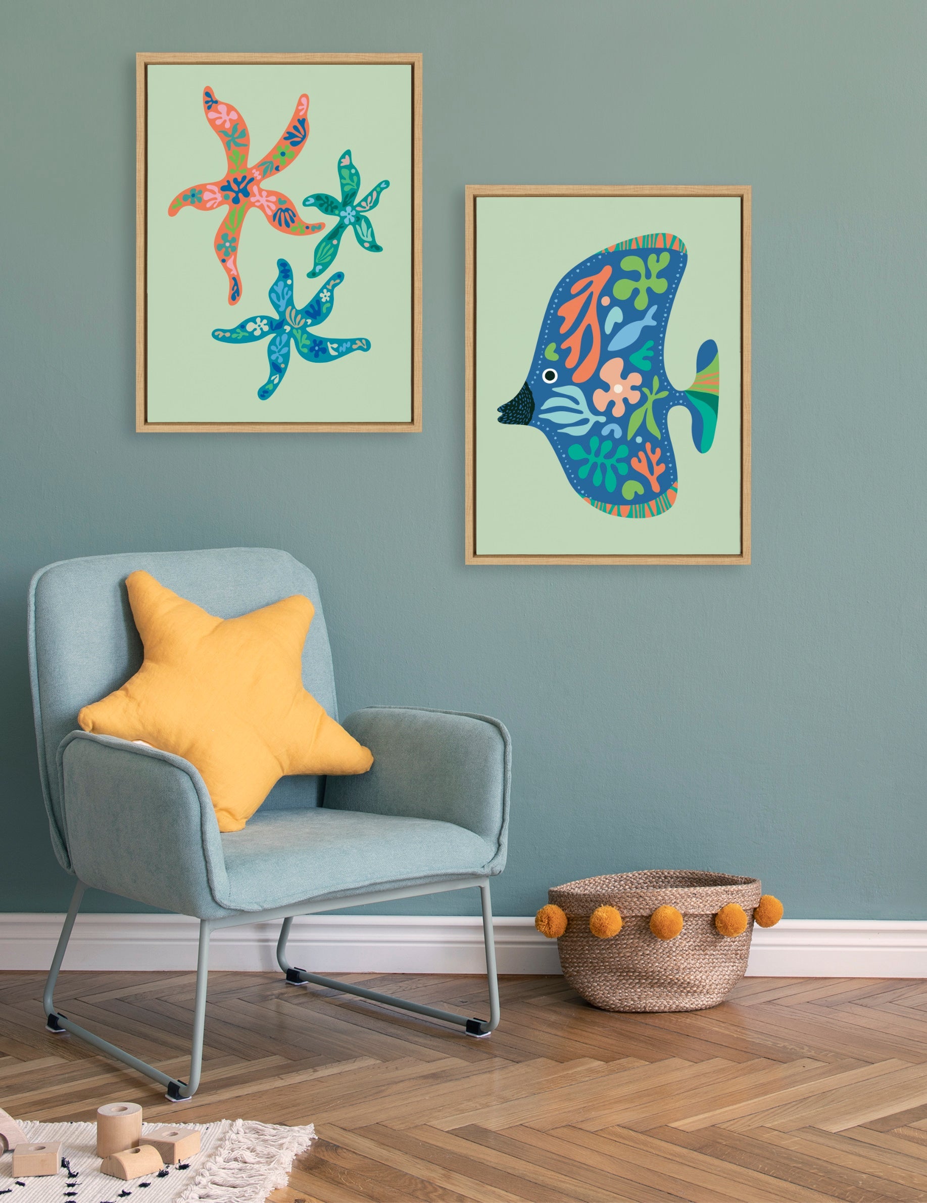 Sylvie Modern Colorful Starfish and Tropical Fish Framed Canvas Art Set by Rachel Lee