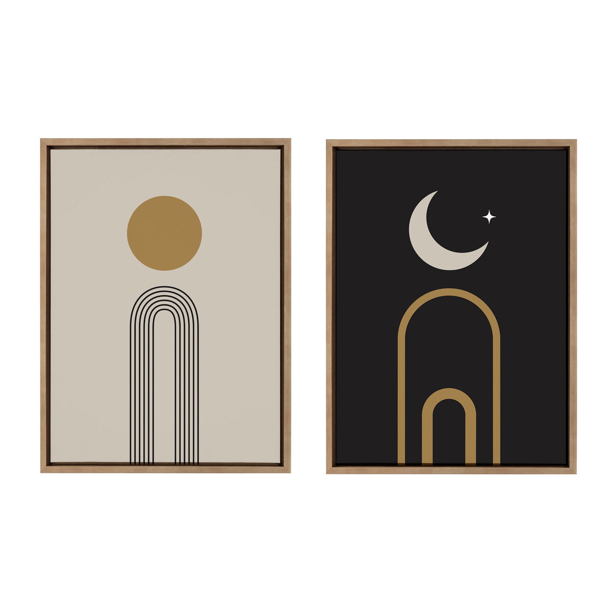 Two framed minimalist prints: left shows a gold circle above black arch lines on beige; right features a gold arch, cream crescent moon, and star on black background.
