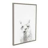 Black-and-white close-up portrait of a fluffy alpaca with soft, detailed fur, centered on a white background in a simple gray frame.