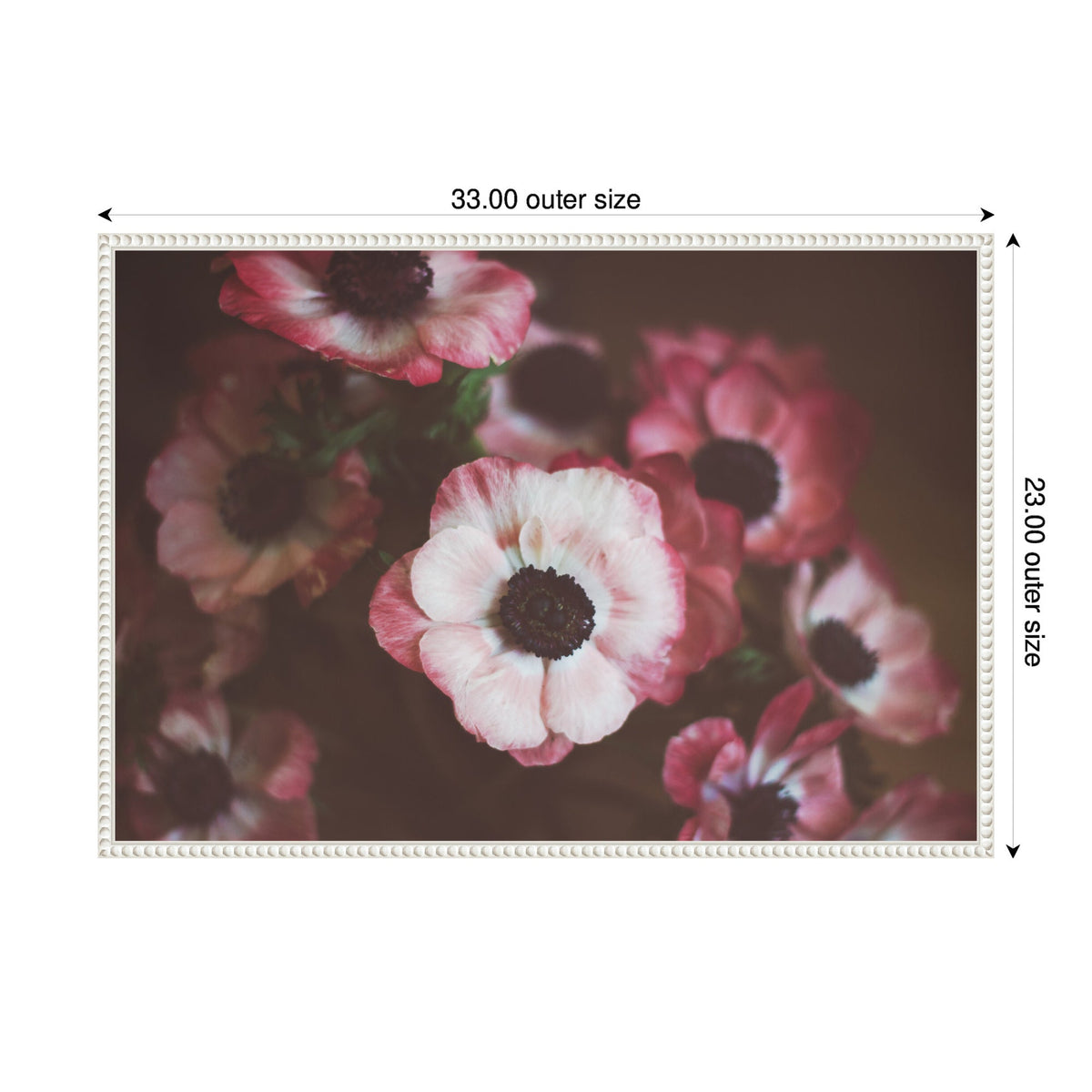 Framed canvas featuring a bouquet of deep pink and white anemones with dark centers, set against a soft-focused, muted brown background, dimensions 33 by 23 inches.