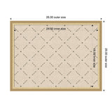 Rectangular beige pinboard with a green lattice pattern, framed in light wood, showing 26x20 inch outer and 24x18 inch inner size dimensions.