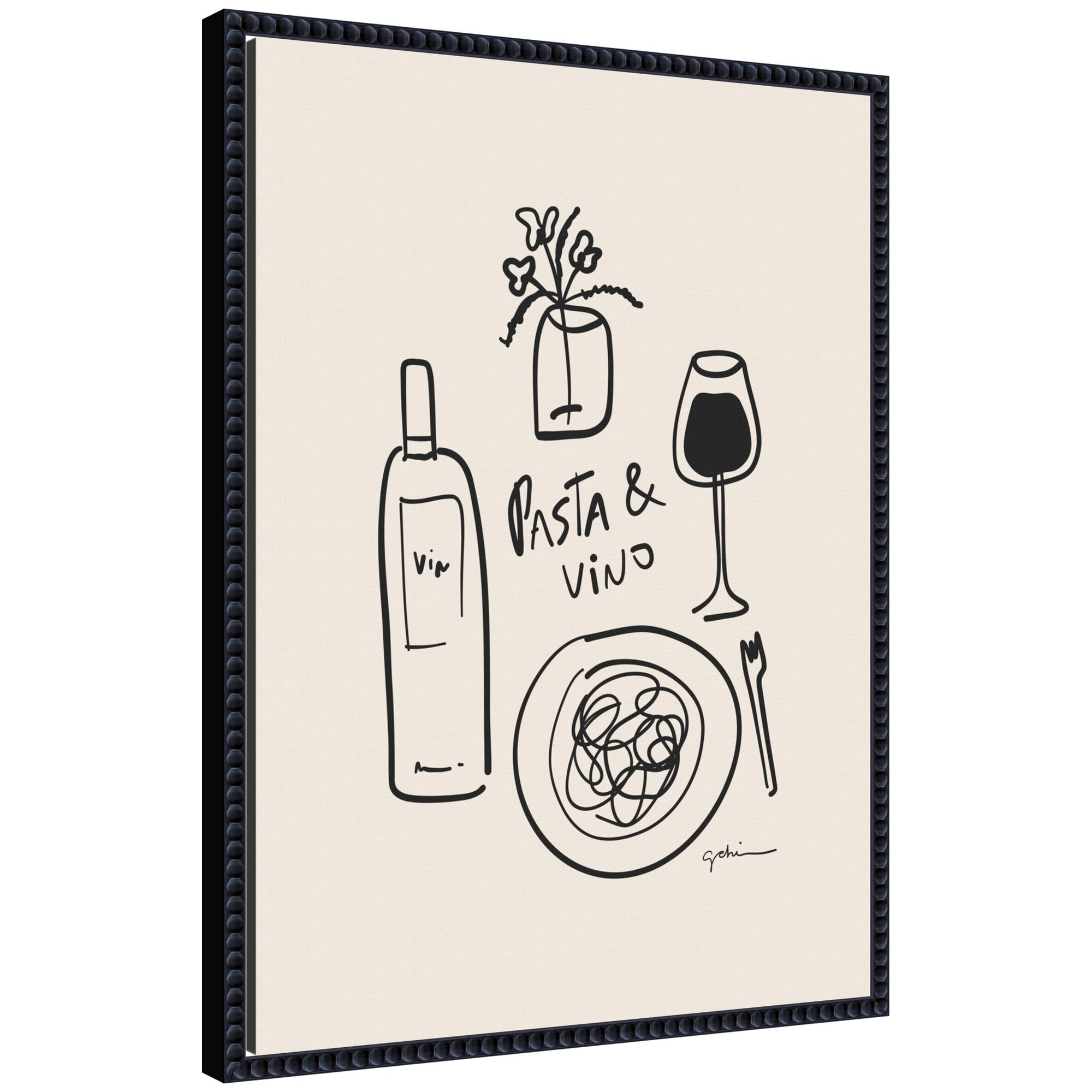 Framed canvas wall art titled Pasta and Vino by Gabrielly Guedes, showing a warm still life scene in a black beaded frame.