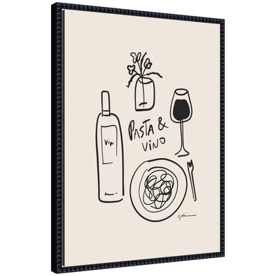 Framed canvas wall art titled Pasta and Vino by Gabrielly Guedes, showing a warm still life scene in a black beaded frame.