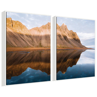 Framed canvas art set showing Sylvie Mountain Reflection in Iceland during sunset
