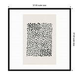 Rectangular abstract art print featuring dense clusters of small black brush strokes on a light beige background, framed with a wide white mat and thin black frame.