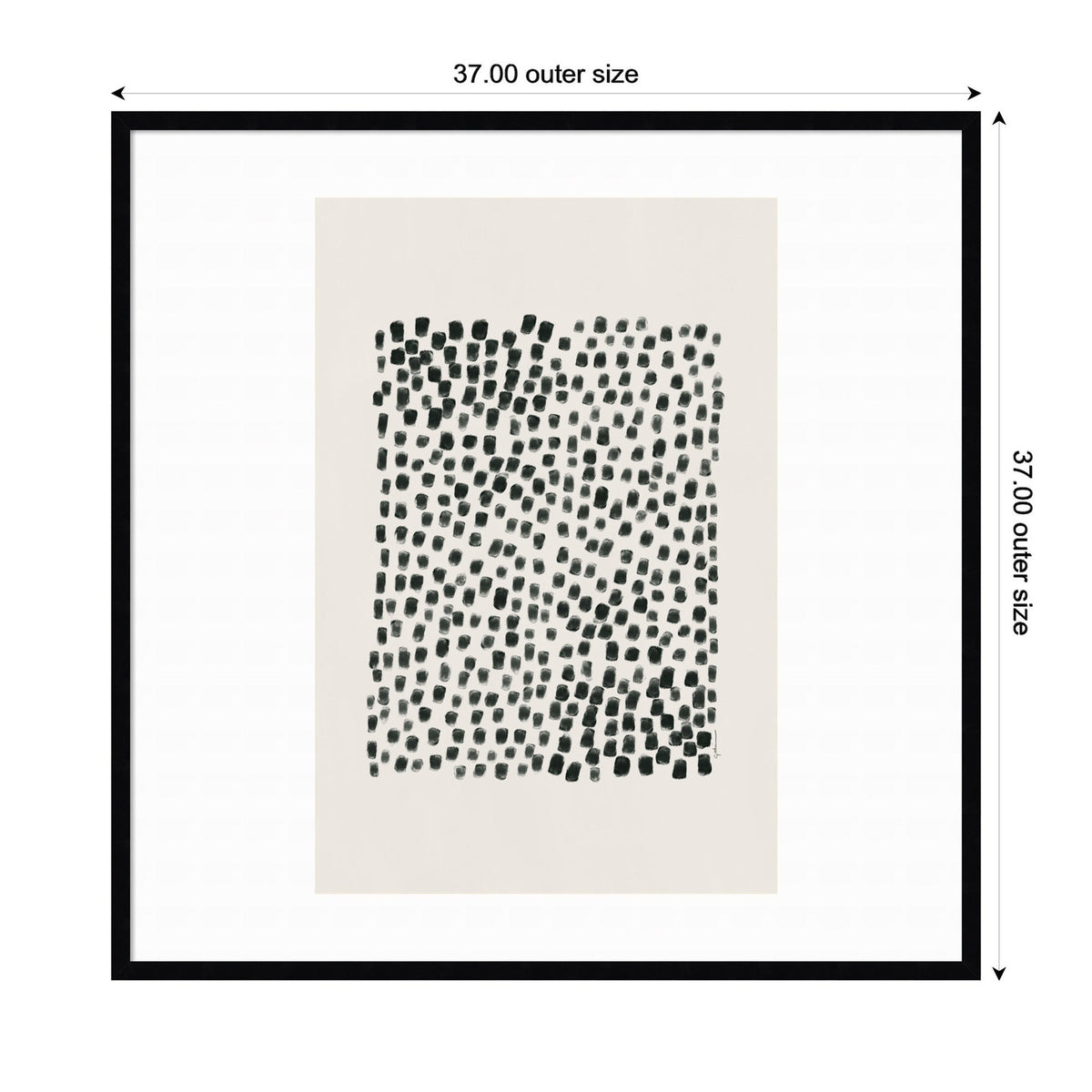 Rectangular abstract art print featuring dense clusters of small black brush strokes on a light beige background, framed with a wide white mat and thin black frame.