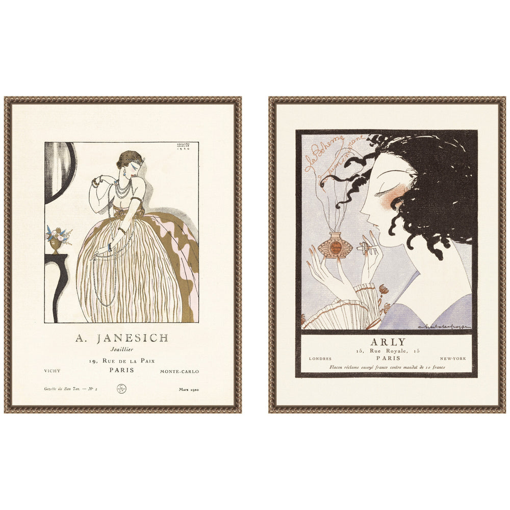 Two framed canvas art pieces featuring Arly 1921 Alexandre Jacovleff & A Janesich 1920 Edouard Halouze artwork set in dark gold beaded frames
