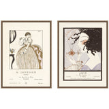 Two framed canvas art pieces featuring Arly 1921 Alexandre Jacovleff & A Janesich 1920 Edouard Halouze artwork set in dark gold beaded frames