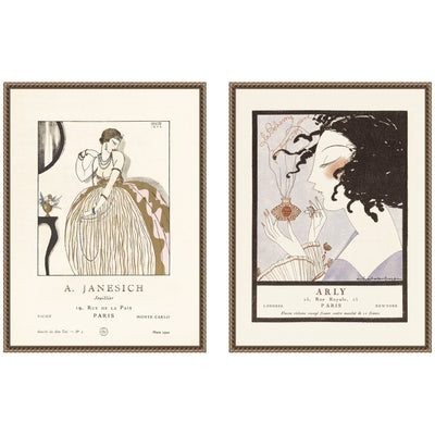 Two framed canvas art pieces featuring Arly 1921 Alexandre Jacovleff & A Janesich 1920 Edouard Halouze artwork set in dark gold beaded frames