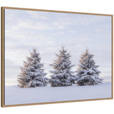 Three snow-covered pine trees standing on a snowy hill under a cloudy sky, framed in a light wood frame with carved detailing.