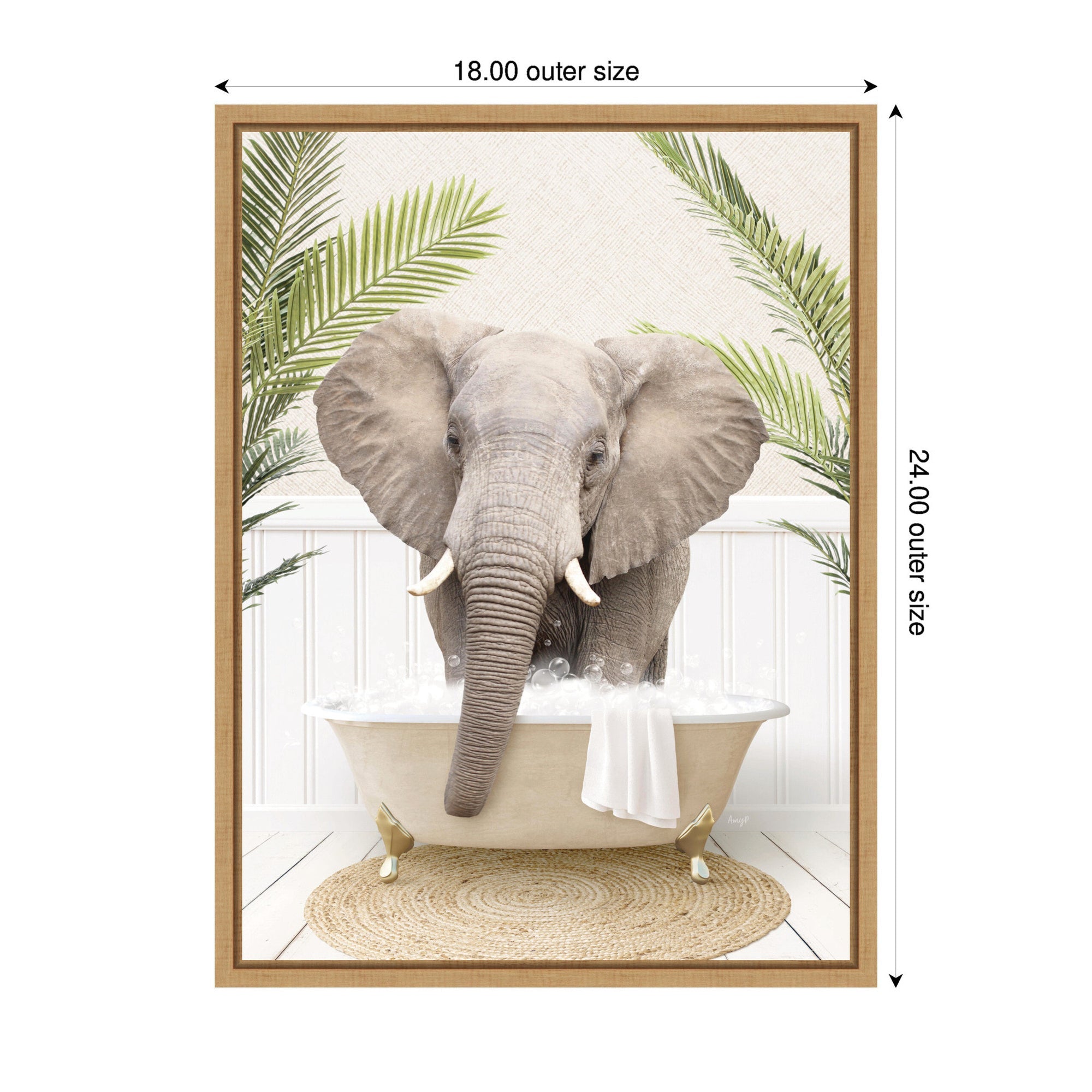 Sylvie Elephant Front Palm Bathtub Framed Canvas by Amy Peterson