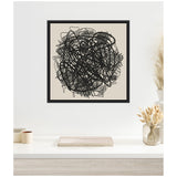 Framed abstract black line drawing resembling a tangled loofah on beige background, hanging above a white shelf with neutral decorative vases and dried floral arrangement