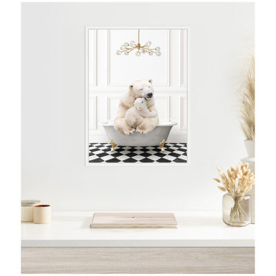 Sylvie Mother and Baby Polar Bear in Gray Bathtub on Checker Floor Framed Canvas by Amy Peterson