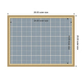 Rectangular light blue fabric pinboard with white plaid grid lines in a light wood frame, showing dimensions with arrows and measurements in inches.