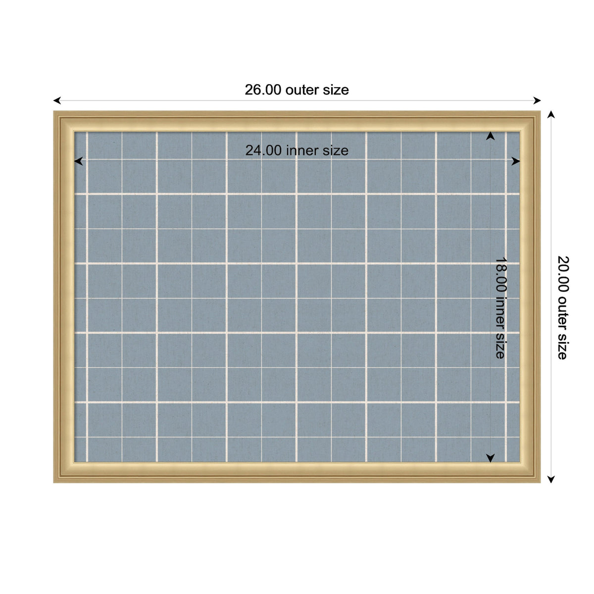 Rectangular light blue fabric pinboard with white plaid grid lines in a light wood frame, showing dimensions with arrows and measurements in inches.