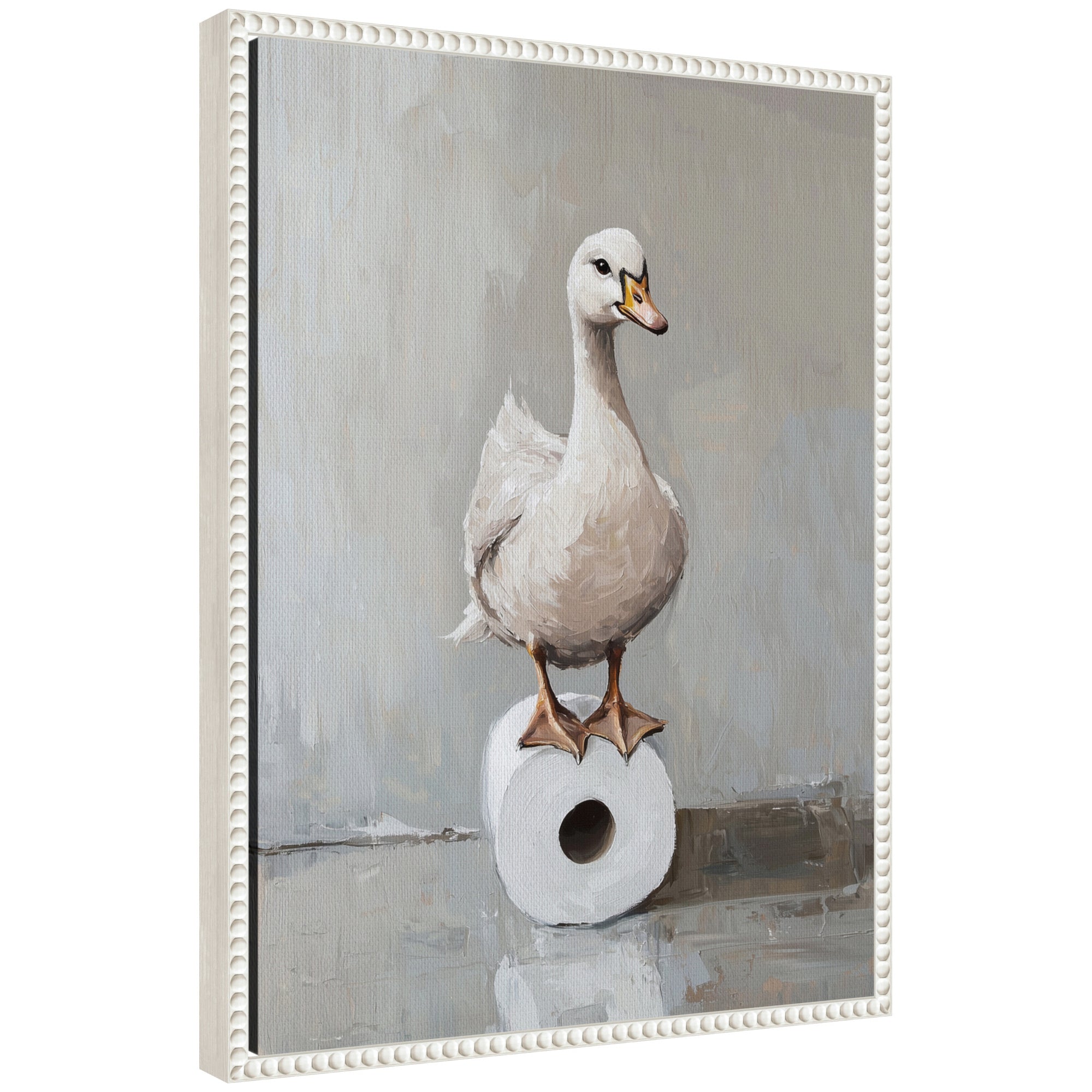 Framed canvas artwork of a goose standing on a toilet paper roll by The Creative Bunch Studio